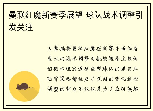 曼联红魔新赛季展望 球队战术调整引发关注